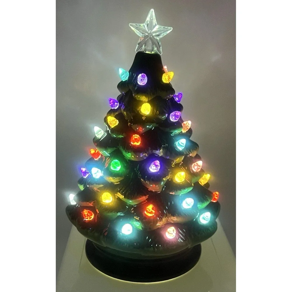 RAZ Imports Green Ceramic Lighted Christmas Tree Multi Color Batteries